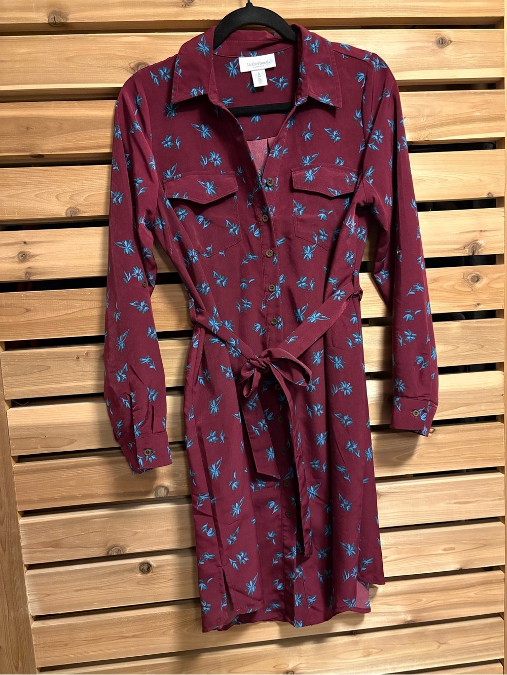 Motherhood Maternity Burgundy Blue Floral Button-Front Shirt Dress